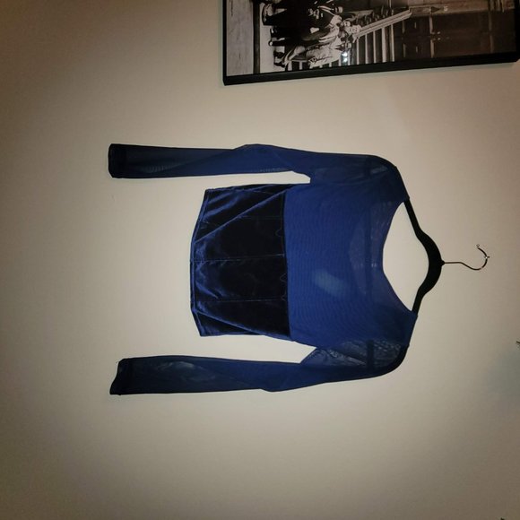 Blue Velvet Mesh Sleeve Crop Top - Picture 1 of 9